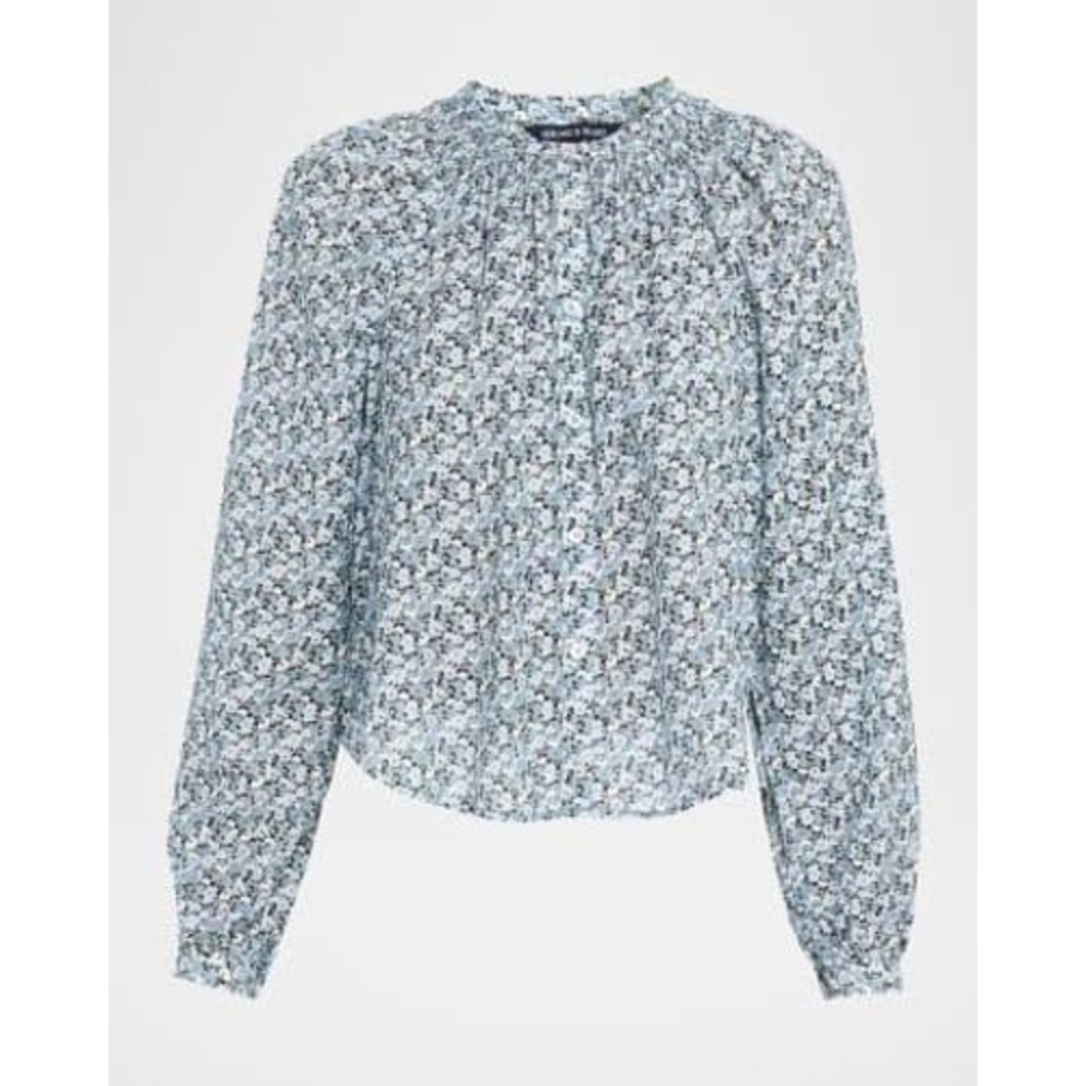 Veronica Beard Blouse Women 12 Blue Floral Smocked Neck Button Front Long Sleeve